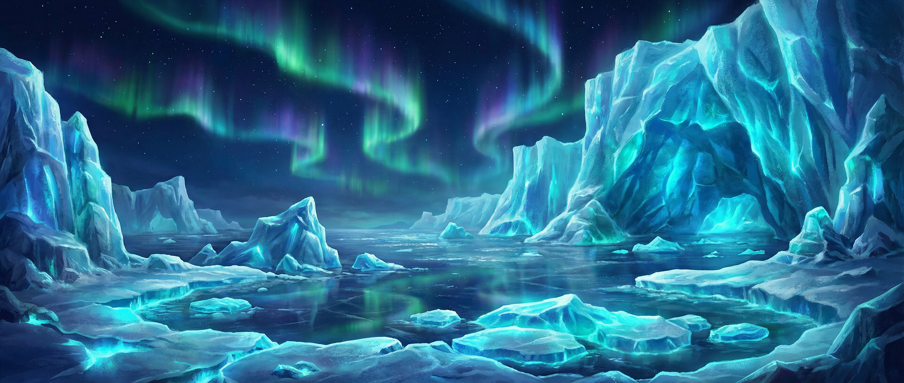 赏金大对决 冰川裂隙极地背景 - 极光与冰川交汇的壮丽景象